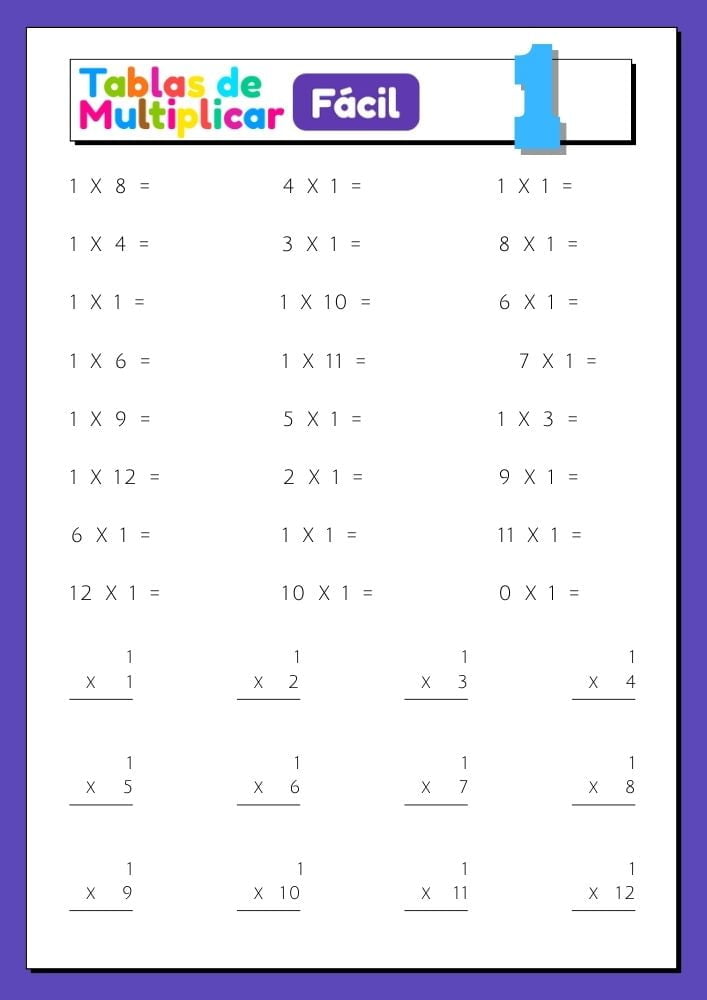 Imágenes con ejercicios para imprimir de la tabla del 1